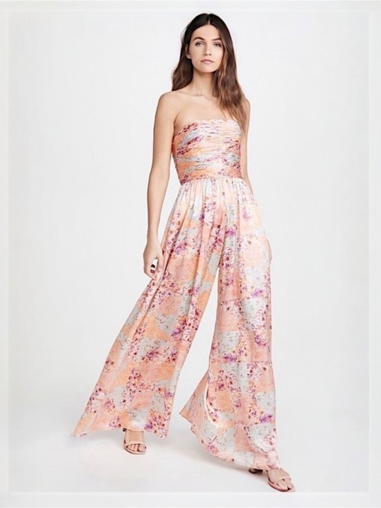 AMUR Pants - AMUR  Strapless Floral Maxi Dress Size 4 Peach Blue Smocked Bodice Wide Leg Flow
